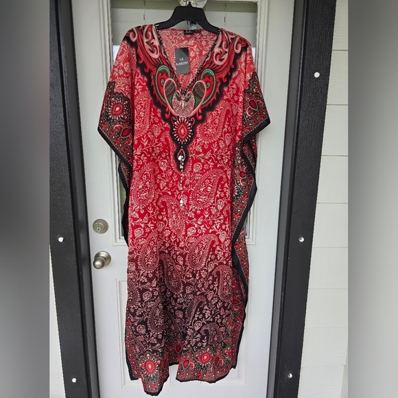 Indian Boho Paisley Kaftan Flowy Dress One Size Women Red Black Art To Wear New - Picture 3 of 13